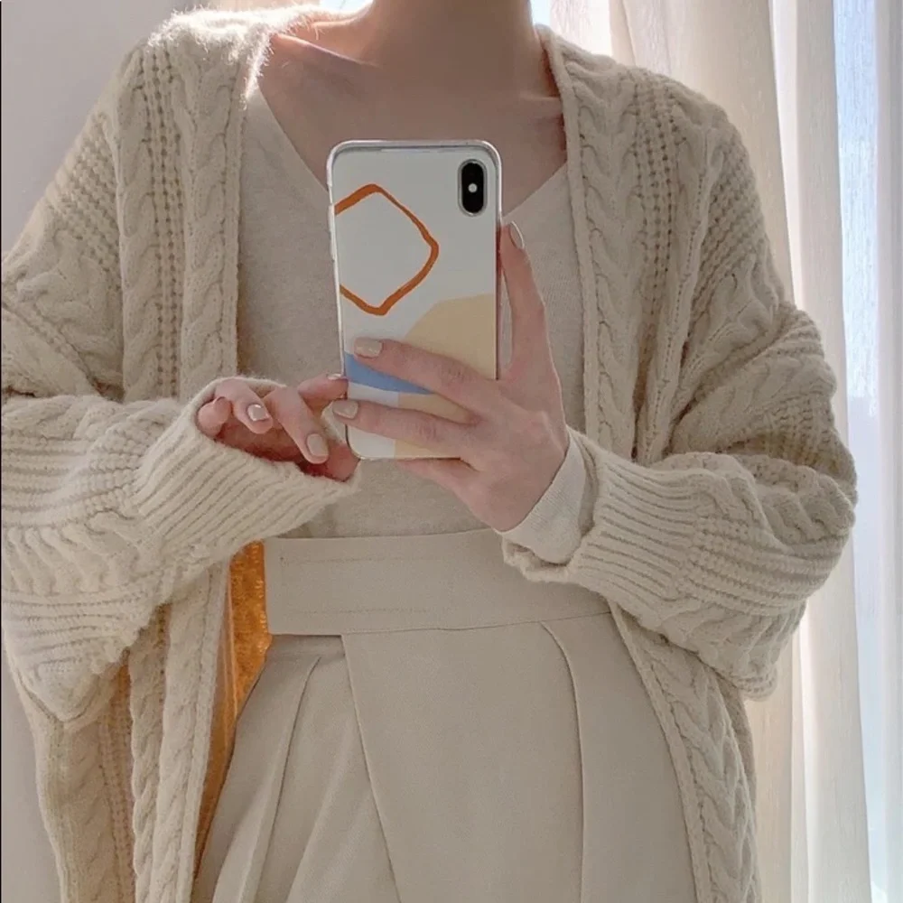 Twist cardigan sweater cable knit cream beige womens knit long sleeve - Picture 7 of 11